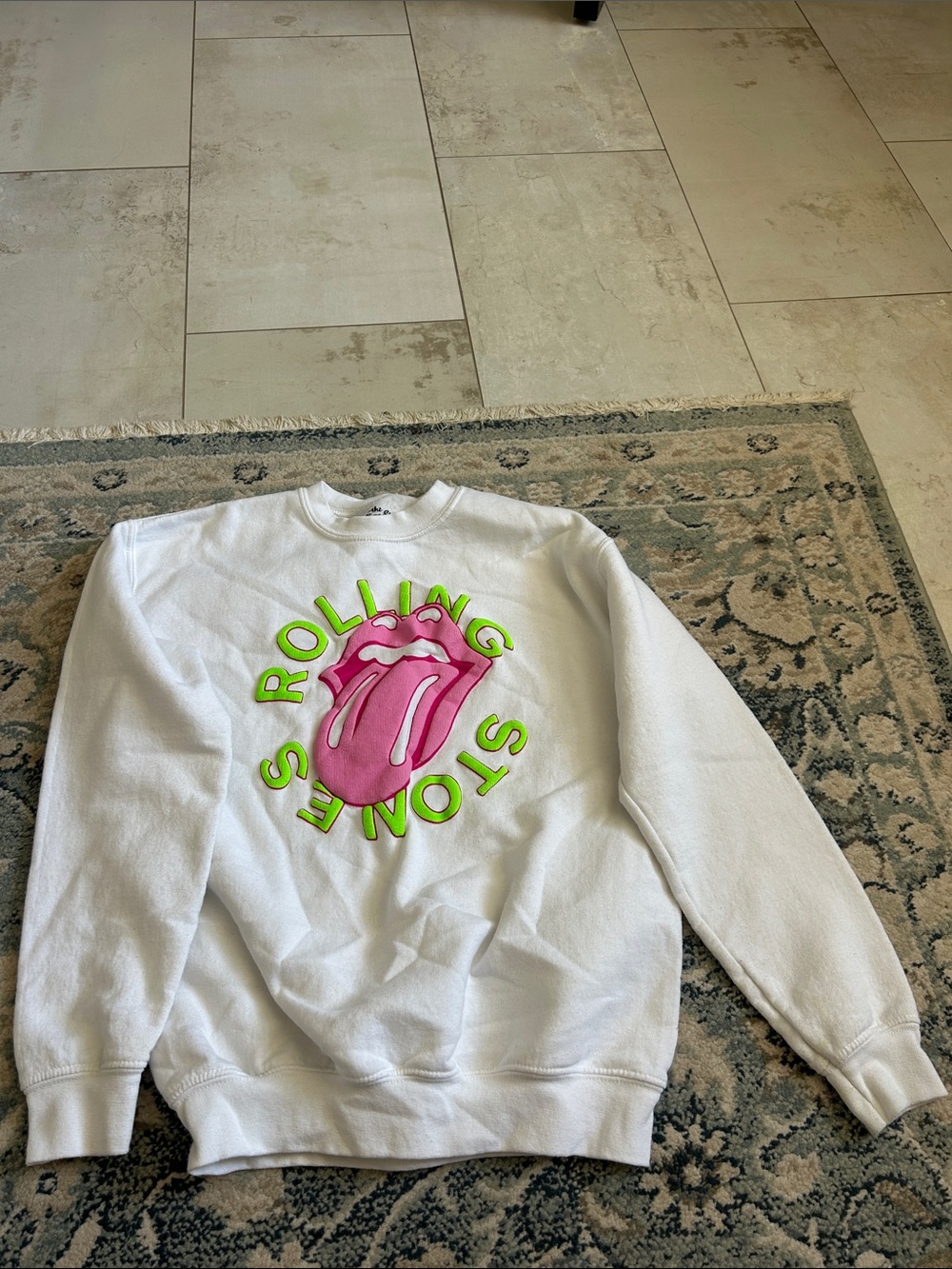 White Kids Graphic Sweatshirt with Pink Tongue Logo